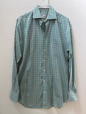 Peter Millar Men’s Green and Blue Plaid Dress Shirt 100% Cotton Medium Preppy